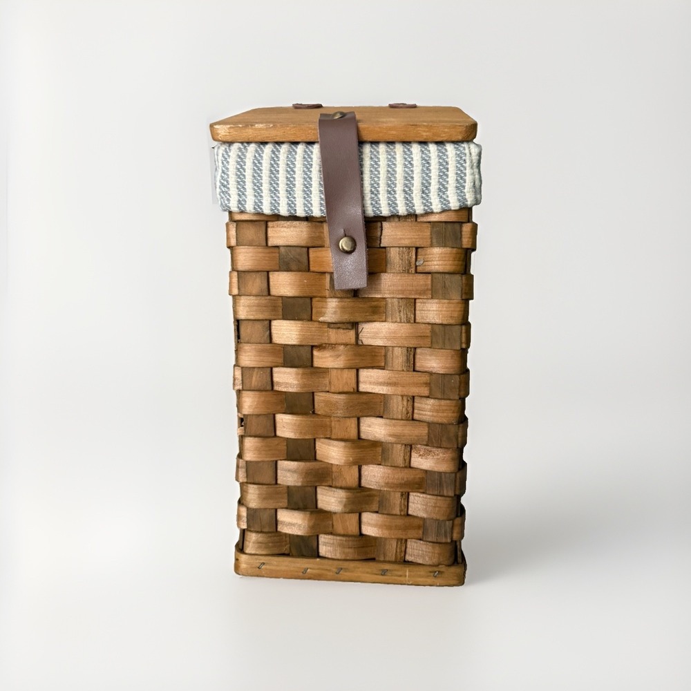 Vintage Wall Hanging Tall Woven Basket With Lid And Liner